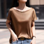 Summer women's acetate T-shirt casual solid color pullover short sleeved loose one neck Tees Pull On satin vest Tops