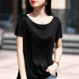 Summer women's acetate T-shirt casual solid color pullover short sleeved loose one neck Tees Pull On satin vest Tops