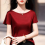 Summer women's acetate T-shirt casual solid color pullover short sleeved loose one neck Tees Pull On satin vest Tops