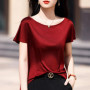 Summer women's acetate T-shirt casual solid color pullover short sleeved loose one neck Tees Pull On satin vest Tops