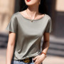 Summer women's acetate T-shirt casual solid color pullover short sleeved loose one neck Tees Pull On satin vest Tops