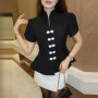 2026 Spring Summer Short Puff Sleeve Frog Button Shirt For Women Stand Collar Single Breasted Blouse Lady Chic Street Party Top