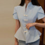 2026 Spring Summer Short Puff Sleeve Frog Button Shirt For Women Stand Collar Single Breasted Blouse Lady Chic Street Party Top