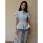 2026 Spring Summer Short Puff Sleeve Frog Button Shirt For Women Stand Collar Single Breasted Blouse Lady Chic Street Party Top
