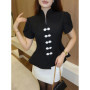 2026 Spring Summer Short Puff Sleeve Frog Button Shirt For Women Stand Collar Single Breasted Blouse Lady Chic Street Party Top
