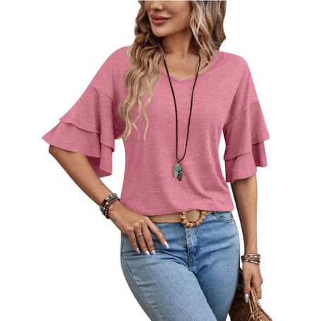 Women's Summer V-Neck Double Layer Ruffle Sleeve Top Unique Casual Solid Design