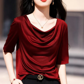 Summer women's acetate T-shirt casual solid color pullover short sleeved loose collar Tees Pull On satin vest Tops