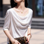 Summer women's acetate T-shirt casual solid color pullover short sleeved loose collar Tees Pull On satin vest Tops
