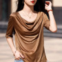 Summer women's acetate T-shirt casual solid color pullover short sleeved loose collar Tees Pull On satin vest Tops