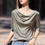 Summer women's acetate T-shirt casual solid color pullover short sleeved loose collar Tees Pull On satin vest Tops