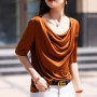 Summer women's acetate T-shirt casual solid color pullover short sleeved loose collar Tees Pull On satin vest Tops