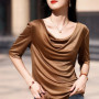 Summer women's acetate T-shirt casual solid color pullover short sleeved loose collar Tees Pull On satin vest Tops