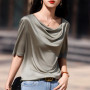 Summer women's acetate T-shirt casual solid color pullover short sleeved loose collar Tees Pull On satin vest Tops