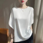 2025 Summer Women's Satin Shirt Batwing Sleeve Loose Casual oversize Tops Slash Neck Casual Tees Lady Acetate Silk Thin T-shirt