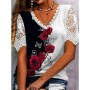 New Boho Flower Blouses Womens Fashion Shirt V-Neck Short Sleeve Flower Print Shirt Tops Casual Loose Ladies Floral Lace