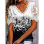 New Boho Flower Blouses Womens Fashion Shirt V-Neck Short Sleeve Flower Print Shirt Tops Casual Loose Ladies Floral Lace