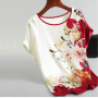 Fashion Floral Print Blouse Pullover Ladies Silk Satin Plus Size Batwing Sleeve Vintage T-shirt Casual Short Sleeve Tops