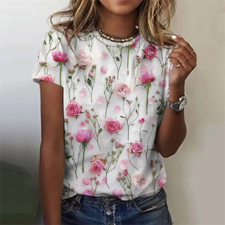 Flower Rose T Shirt For Women Funny Colorful 3D Printed Tees Summer Oversized Tops Short Sleeves Round Neck T-Shirts Streetwear