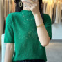 Summer new fine spun wool women's T-shirt casual hollow knitting Tops semi high neck slim fit Blouse fashion hot selling Jumper