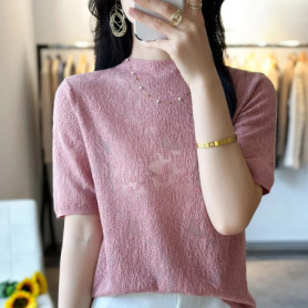 Summer new fine spun wool women's T-shirt casual hollow knitting Tops semi high neck slim fit Blouse fashion hot selling Jumper