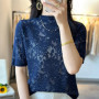 Summer new fine spun wool women's T-shirt casual hollow knitting Tops semi high neck slim fit Blouse fashion hot selling Jumper