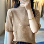 Summer new fine spun wool women's T-shirt casual hollow knitting Tops semi high neck slim fit Blouse fashion hot selling Jumper