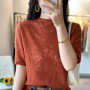Summer new fine spun wool women's T-shirt casual hollow knitting Tops semi high neck slim fit Blouse fashion hot selling Jumper