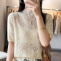 Summer new fine spun wool women's T-shirt casual hollow knitting Tops semi high neck slim fit Blouse fashion hot selling Jumper