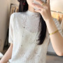 Summer new fine spun wool women's T-shirt casual hollow knitting Tops semi high neck slim fit Blouse fashion hot selling Jumper