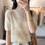 Summer new fine spun wool women's T-shirt casual hollow knitting Tops semi high neck slim fit Blouse fashion hot selling Jumper