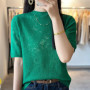 Summer new fine spun wool women's T-shirt casual hollow knitting Tops semi high neck slim fit Blouse fashion hot selling Jumper