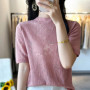 Summer new fine spun wool women's T-shirt casual hollow knitting Tops semi high neck slim fit Blouse fashion hot selling Jumper