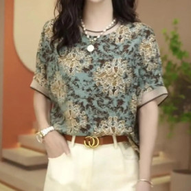 2024 Elegant Fashion Harajuku Slim Fit Female Clothes Loose Casual All Match T-shirts Printed O Neck Insert Short Sleeve Blouse