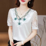 M-4XL New Fashion Women Shirt V neck Stitching Satin lace Blouse Summer Short sleeve Flower Mesh Tops blusa feminina