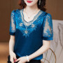 M-4XL New Fashion Women Shirt V neck Stitching Satin lace Blouse Summer Short sleeve Flower Mesh Tops blusa feminina