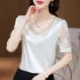 M-4XL New Fashion Women Shirt V neck Stitching Satin lace Blouse Summer Short sleeve Flower Mesh Tops blusa feminina