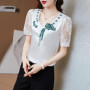 M-4XL New Fashion Women Shirt V neck Stitching Satin lace Blouse Summer Short sleeve Flower Mesh Tops blusa feminina
