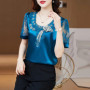 M-4XL New Fashion Women Shirt V neck Stitching Satin lace Blouse Summer Short sleeve Flower Mesh Tops blusa feminina