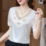 M-4XL New Fashion Women Shirt V neck Stitching Satin lace Blouse Summer Short sleeve Flower Mesh Tops blusa feminina
