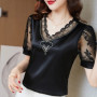 M-4XL New Fashion Women Shirt V neck Stitching Satin lace Blouse Summer Short sleeve Flower Mesh Tops blusa feminina