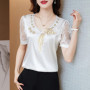 M-4XL New Fashion Women Shirt V neck Stitching Satin lace Blouse Summer Short sleeve Flower Mesh Tops blusa feminina