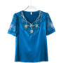 M-4XL New Fashion Women Shirt V neck Stitching Satin lace Blouse Summer Short sleeve Flower Mesh Tops blusa feminina