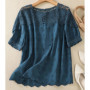 Embroidery hollow short-sleeved cotton shirt female summer new Korean fashion elegant lace splicing round neck casual blouse