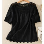 Embroidery hollow short-sleeved cotton shirt female summer new Korean fashion elegant lace splicing round neck casual blouse