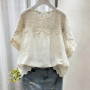 Embroidery hollow short-sleeved cotton shirt female summer new Korean fashion elegant lace splicing round neck casual blouse
