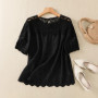 Embroidery hollow short-sleeved cotton shirt female summer new Korean fashion elegant lace splicing round neck casual blouse