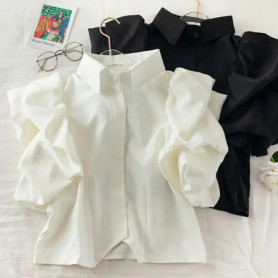 Summer Camisas Tops Mujer 2026 Shirts for Women Lantern Short Sleeve Blouse Black White Roupas Femininas Blusas Pleated Ruffled