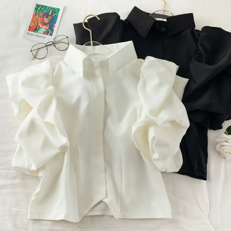 Summer Camisas Tops Mujer 2026 Shirts for Women Lantern Short Sleeve Blouse Black White Roupas Femininas Blusas Pleated Ruffled