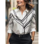Women Shirt 2025 Autumn Clothes Women Vintage Blouses Office Lady Long Sleeve Blouse Button Up Lapel Shirts OL Print Womens Tops