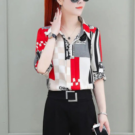 2023 Summer Women's Korean Fashion Printed Chiffon Shirt Ladies Half Sleeve Loose Casual Pullovers Female Elegant Blouse Tops